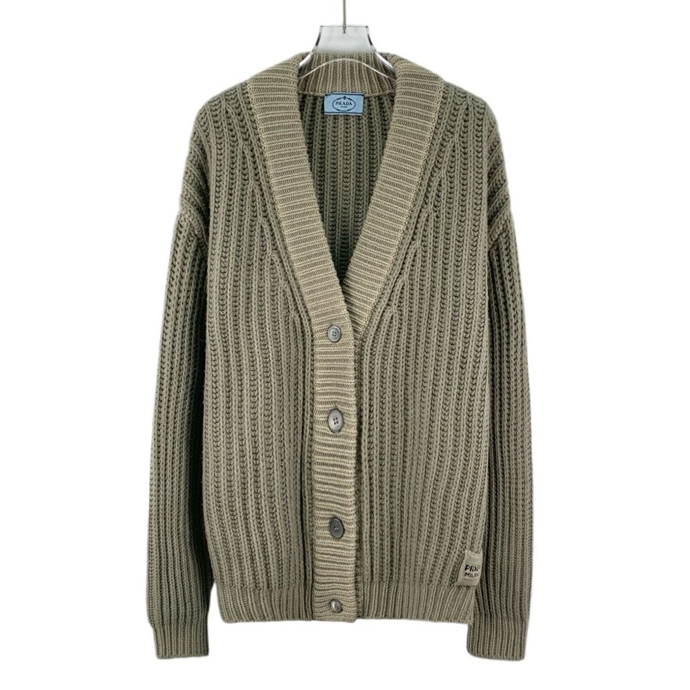 Prada Gray-Green Pocket Logo Embroidered Wool V-Neck Single-Breasted Long-Sleeve